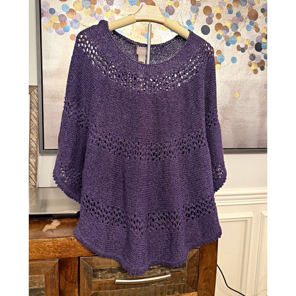 Chico's Purple Open-Knit Pullover Sweater Round Neck Long Sleeve L/XL - Picture 1 of 3